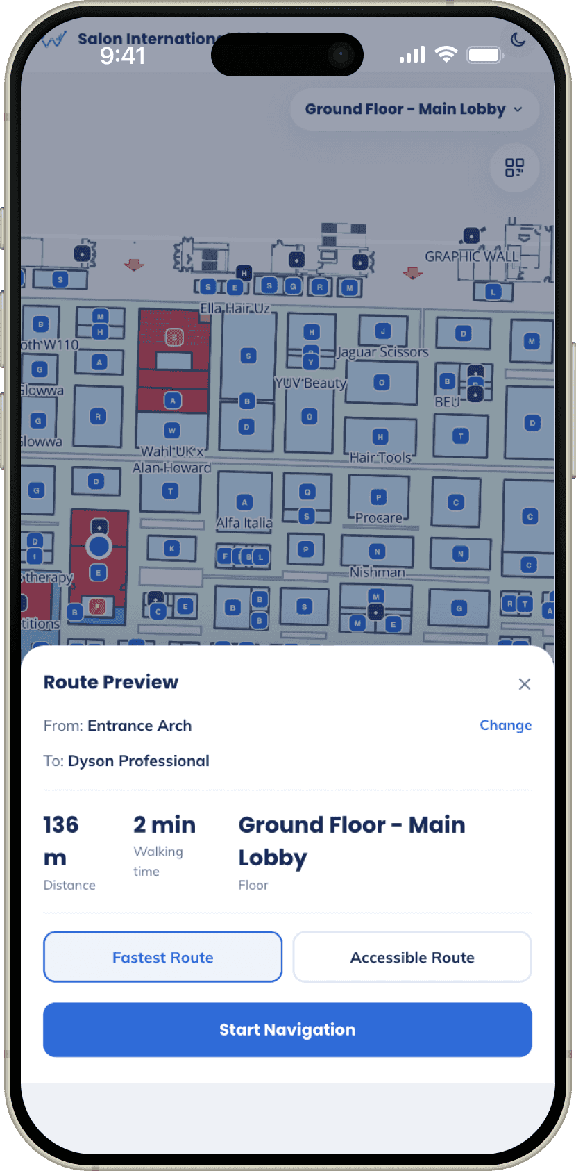 Waytraq visitor app showing an indoor venue map